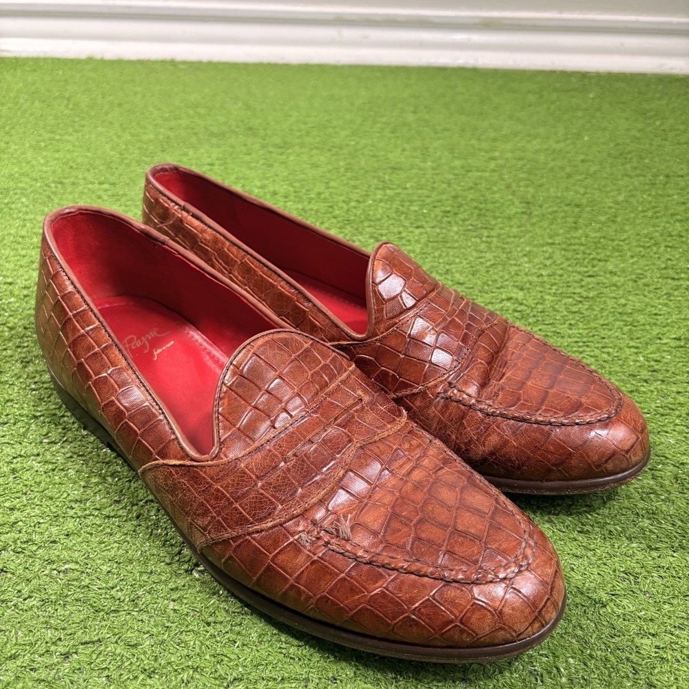 Alan Payne Mens‎ 11 Crocodile Leather Penny Loafer Shoes Fatto a Mano Red Lining
